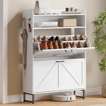Shoe Cabinet with 2 Flip Drawers, Freestanding Hidden Shoe Storage Organizer for Entryway, Narrow Slim Shoe Rack Cabinet with Open Storage & Hooks for Front Door Entrance, Living Room, Hallway, White
