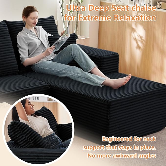 Sectional Couches for Living Room Cloud Couch Sofa with L-Shape Couch in a Box Upholstered Boneless Couchs Modern Modular Sectional Couch with Chaise(Black,3 Seater-Right-Facing Chaise-96)
