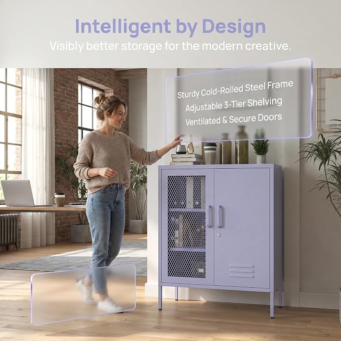 33" Tall Purple Metal Locker Storage Cabinet with Lock Left Glass Door and Right Metal Door 2 Adjustable Shelves Steel Storage Organizer for Foyer Living Room Size：33" H X 29.5" W X 13.8" D