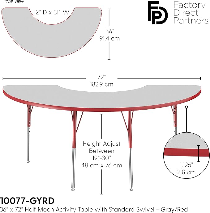 FDP Half Moon Activity School and Office Table (36 x 72 inch), Standard Legs with Swivel Glides for Collaborative Seating Environments, Adjustable Height 19-30 inches - Gray Top and Red Edge