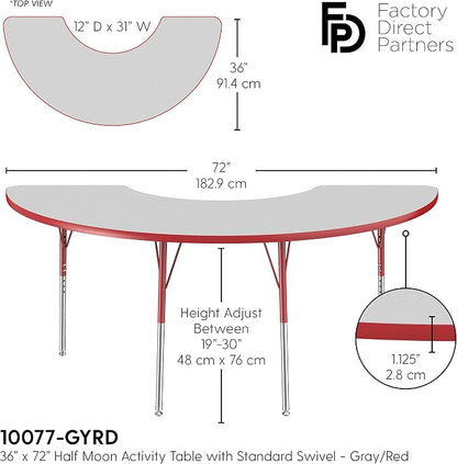 FDP Half Moon Activity School and Office Table (36 x 72 inch), Standard Legs with Swivel Glides for Collaborative Seating Environments, Adjustable Height 19-30 inches - Gray Top and Red Edge