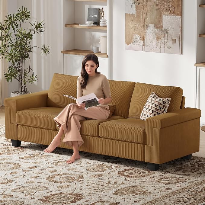 COPIAE 3 Seater Sofa Couch with Deep Seat, 90" Modern Upholstered Sofa with Armrests, Easy Installation, Comfy Couches for Living Room, Apartment,Ginger Yellow