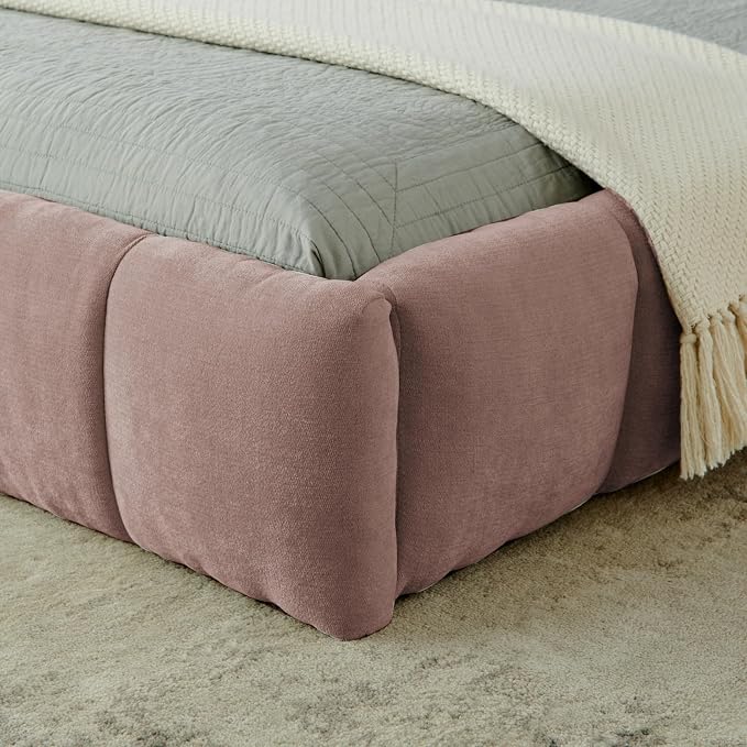 KEIKI King Thick Chenille Platform Bed Frame with Upholstered Tufted Headboard, Modern Solid Wood Floor Platform for Bedroom, No Box Spring Needed
