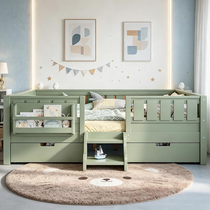 Bellemave Full Size Bed Frame with Storage Drawers & Bookshelf, Low Profile Kids Bed with Staircase & Full Length Guardrails, Solid Wood Full Size Bed Frame Kids with Slats Load 550 LBS, Green