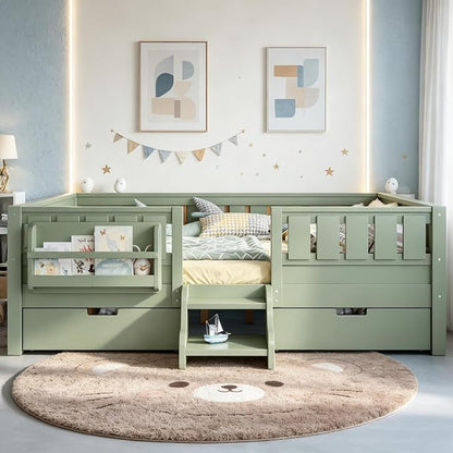 Bellemave Full Size Bed Frame with Storage Drawers & Bookshelf, Low Profile Kids Bed with Staircase & Full Length Guardrails, Solid Wood Full Size Bed Frame Kids with Slats Load 550 LBS, Green