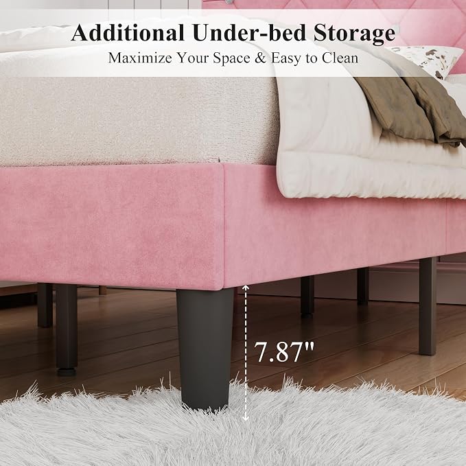 VECELO Twin Size Bed Frame with Diamond Tufted Headboard, Upholstered Platform Bedframe with Wood Slat Support, No Box Spring Needed, Velvet & Pink