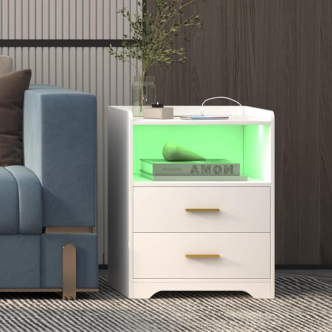 dnbss White LED Nightstand with Charging Station and 24-Color RGB Lights, Smart Night Stand with Human Sensor Lighting, Modern Bedside Table for Bedroom