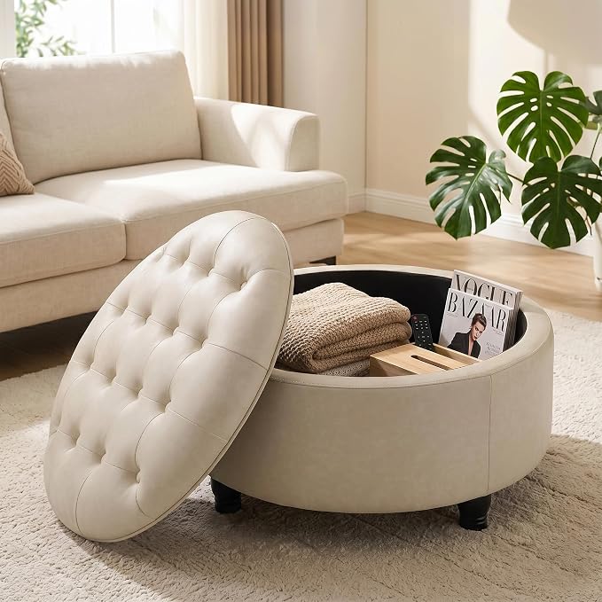 30-Inch Round Storage Ottoman, Button Tufted Ottoman Coffee Table with Removable Top for Living Room, Bedroom, Office (Beige)