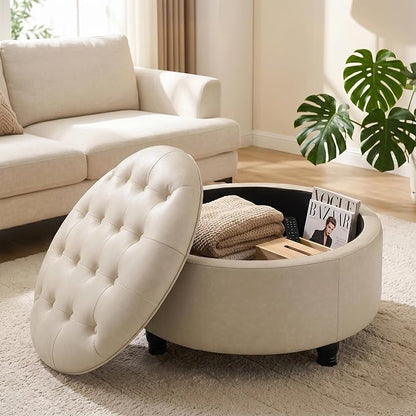 30-Inch Round Storage Ottoman, Button Tufted Ottoman Coffee Table with Removable Top for Living Room, Bedroom, Office (Beige)