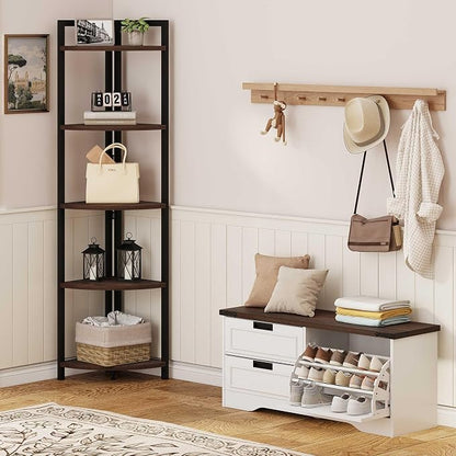 FATORRI Shoe Storage Bench with Flip Drawer, Wooden Entryway Bench, Modern Shoe Cabinet with Removable Drawers for Hallway, Living Room (Walnut Brown & White Oak)