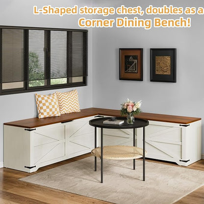DWVO L-Shaped Storage Bench, 18" High Corner Dining Bench with Safety Hinges, Wooden Nook Chest for Living Room, Bedroom | Corner L-shaped design, slow-close safety hinges, hidden storage, fits living room bedroom dining nook, easy to assemble