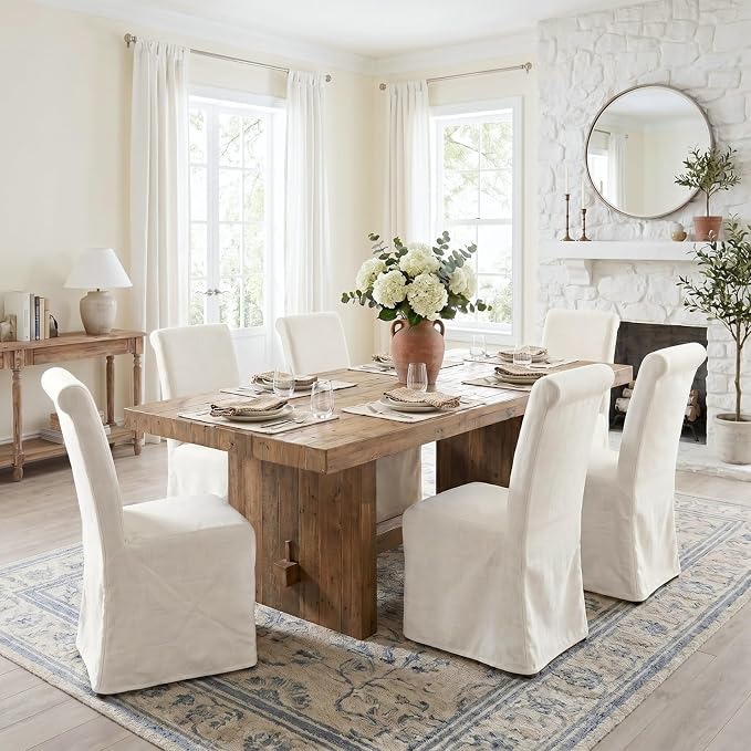 chairus Slipcovered Parsons Dining Chairs Set of 4, Upholstered Dining Room Chairs with Washable Linen Cover & High Back, Modern Farmhouse Wooden Side Kitchen Chairs, Cream White