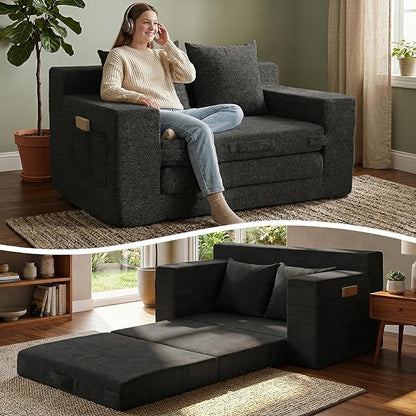 Boneless Loveseat Sofa Bed, Tri-Folding Convertible Futon Sleeper with Handle & Side Pockets, 54'' Boneless Couch with Hook and Loop No Assembly for Small Space,Living Room & Bedroom