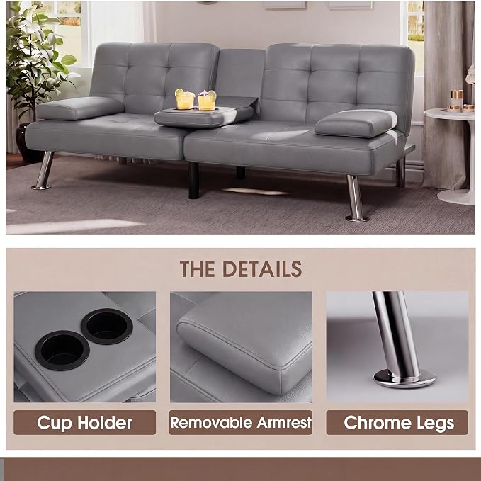Flamaker Futon Sofa Bed Modern Folding Futon Set PU Leather Convertible Recliner Lounge for Living Room with 2 Cup Holders, Removable Armrests (PU Leather, Dark Grey)