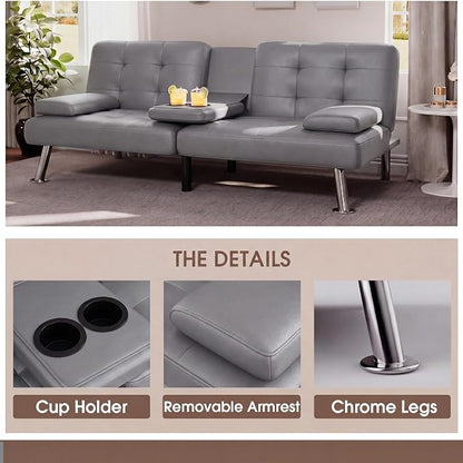 Flamaker Futon Sofa Bed Modern Folding Futon Set PU Leather Convertible Recliner Lounge for Living Room with 2 Cup Holders, Removable Armrests (PU Leather, Dark Grey)