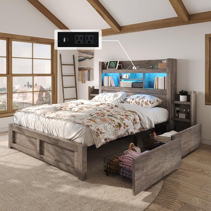 LUXOAK Full Bed Frame with 49.6" Bookcase Headboard & 2 Detachable Bedside Stoage Racks & 4 Drawers, Farmhouse Wood Bed Frame with RGB LED & Charging Station, No Box Spring Needed, Grey