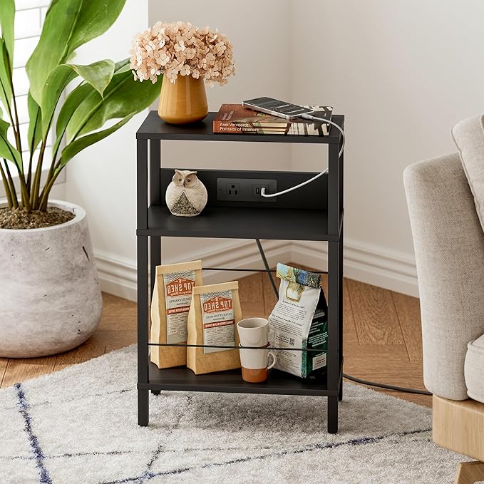 DGSANDGO Black Narrow Side Table - Nightstand with Charging Station (2 USB + 1 AC Outlet), 3-Tier End Table for Nordic Style/Bedroom/Living Room (Black)