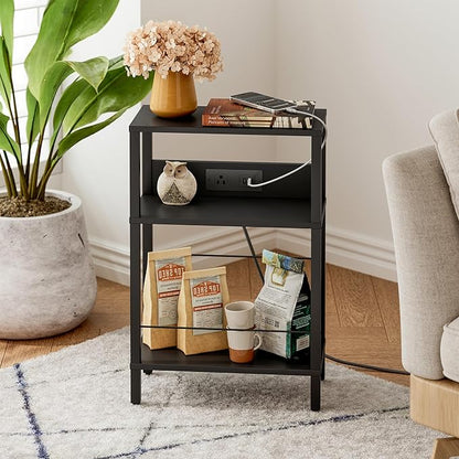 DGSANDGO Black Narrow Side Table - Nightstand with Charging Station (2 USB + 1 AC Outlet), 3-Tier End Table for Nordic Style/Bedroom/Living Room (Black)