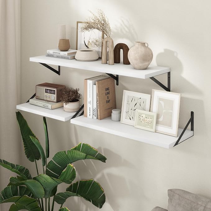Axeman Deep Floating Shelves - 20 Inch White Floating Shelves Set of 2-12 Inch Deep Wood Wall Shelves for Living Room Bathroom Kitchen