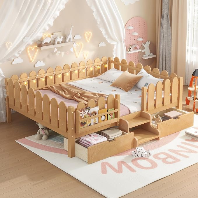 Bellemave Queen Size Montessori Bed with Stairs, Lights, Rails and Slats, Queen Size Montessori Floor Bed with Bookshelf and 2 Storage Drawers, Easy Assemble Beds Frame for Girls, Boys, Light Natural