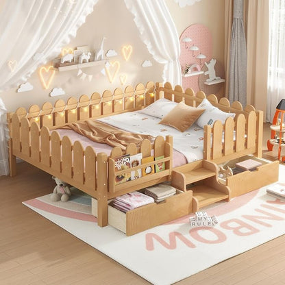 Bellemave Queen Size Montessori Bed with Stairs, Lights, Rails and Slats, Queen Size Montessori Floor Bed with Bookshelf and 2 Storage Drawers, Easy Assemble Beds Frame for Girls, Boys, Light Natural