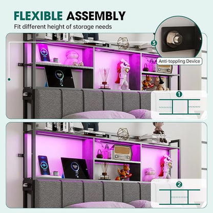 54.8" Tall Headboard Queen Size with 3-Tier Storage Shelves, Linen Upholstered Head Board with USB & Type C Port & LED Light, Soft Backrest for Queen Size Bed,