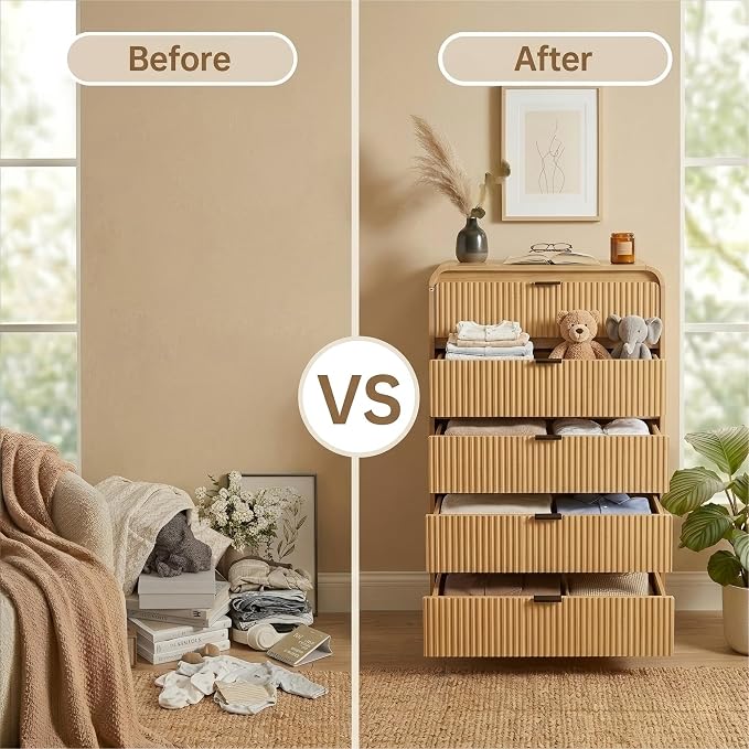 FURSUN Fluted 5 Drawers Dresser for Bedroom, 48" Tall Wooden Modern Dresser with Metal Handle, Curved Profile Design, Storage Organizer for Bedroom, Living Room, Hallway, Natural Oak