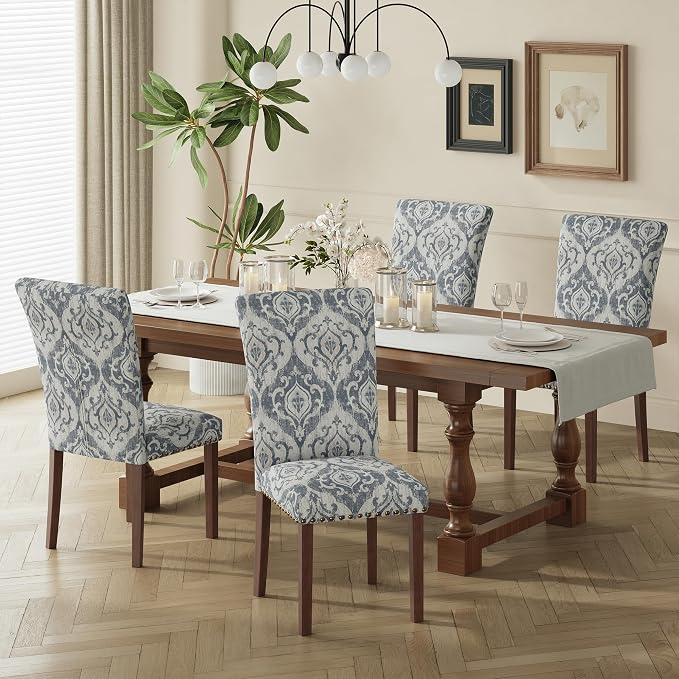 MALOL Dining Chairs Set of 4, High Back Dining Chair with Wood Legs and Nailhead Trim, Modern Padded Kitchen Room Chairs for Dining Room/Restaurant, White/Blue