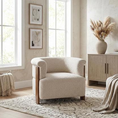Merax 31.7" Mid-Century Teddy Fleece Barrel Accent Chair, Almond | Almond Teddy Fleece Upholstered Armchair, Modern Wraparound Lounge Chair for Living Room, Bedroom, Entryway