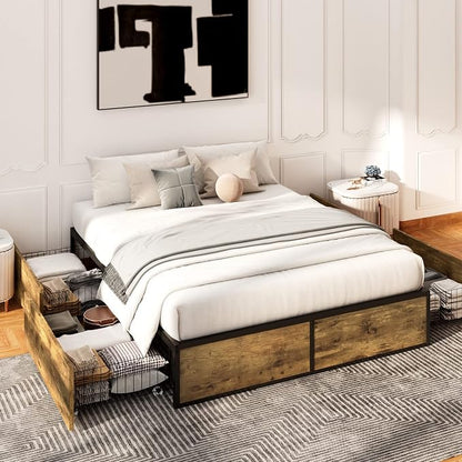 Allewie Industrial Storage Bed with Drawers, Wooden Metal Platform, Sturdy & Noise-Free, Modern Full Size for Bedroom & Apartment