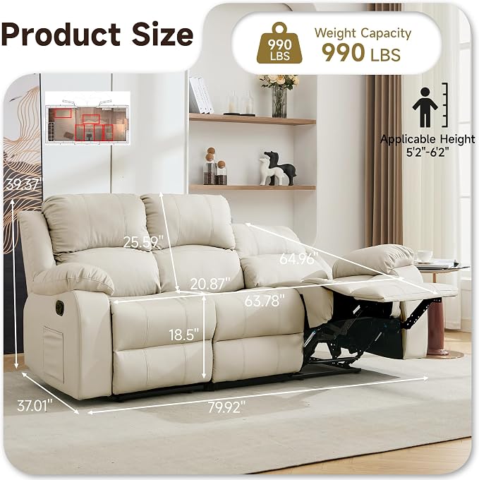 Reclining Couch Sofa Set Anti-Scratch Leather Recliner Couch Loveseat for Living Room, Bedroom, RV, Theater Seating(3 Seat Sofa+Loveseat,Beige)
