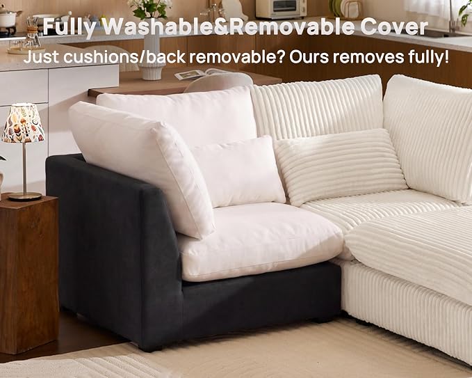115" Oversized Corduroy Couch Modular Sectional Sofa, Washable Cloud Couch Sectional with 3 Ottoman, 6 Seater Sectional Couches for Living Room, Fully Cover Removable, Sleeper Sofa, Corduroy, White