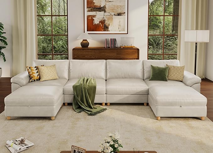 SITJOY Large Cloud Couch, 149" Wide 4 Seater U Shape, Faux Leather in White | Pet-Friendly Scratch-Resistant Leather Sectional Sofas for Living Room, Deep Seat Wide Couch with Chaise, Storage Ottoman