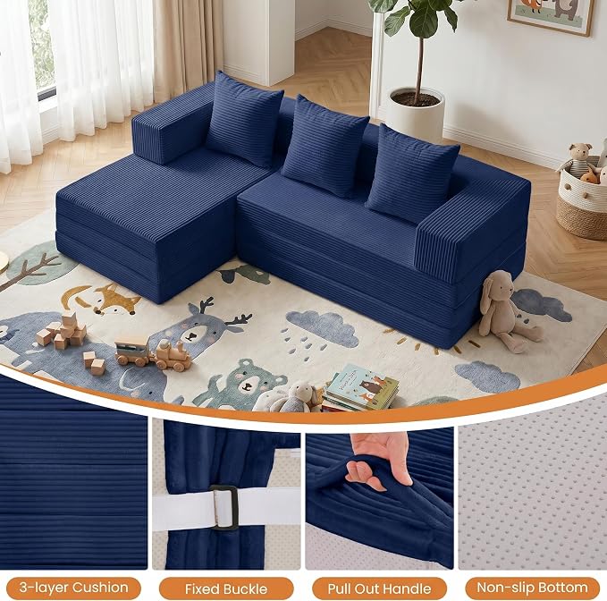 65" Modular Sectional Sofa, Boneless Convertible Sleeper Sofa Bed, Modern Tri-Folding Cloud Couch with L-Shape Chaise, Corduroy Futon Couches for Small Spaces Apartment,No Assembly,Blue