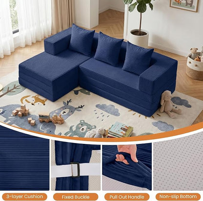 65" Modular Sectional Sofa, Boneless Convertible Sleeper Sofa Bed, Modern Tri-Folding Cloud Couch with L-Shape Chaise, Corduroy Futon Couches for Small Spaces Apartment,No Assembly,Blue