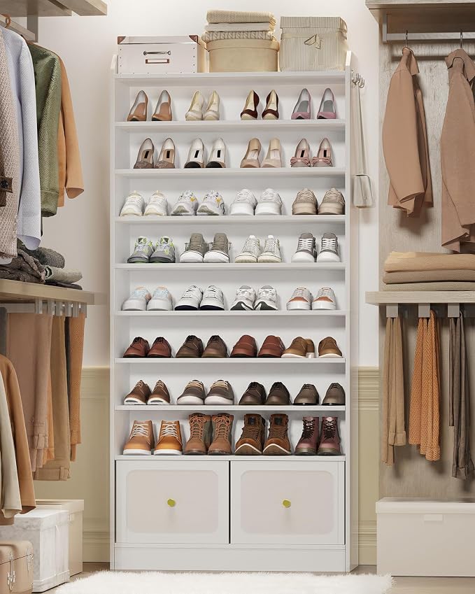 Hzuaneri Shoe Storage Cabinet, 10 Tiers Shoe Cabinet with 2 Cloth Drawers, Wooden Freestanding Shoes Organizer with 2 Hooks, 40-45 Pairs, Shoes Cubby Organizer for Entryway, White SR52903MI