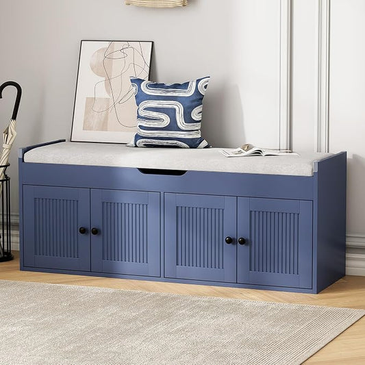 47.2" Storage Bench - Entryway Shoe Bench with 4 Doors and Top Storage Area, Multifunctional Entryway Bench with Lift Top Cushion, Shoe Storage Bench for Bedroom, Living Room, Navy Blue