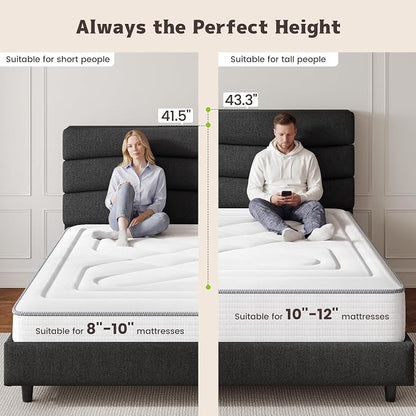 EnHomee Queen Bed Frame with Adjustable Height Upholstered Headboard, Charging Stations, Noise-Free Platform Bed,No Box Spring Needed, Easy Assembly,Grey