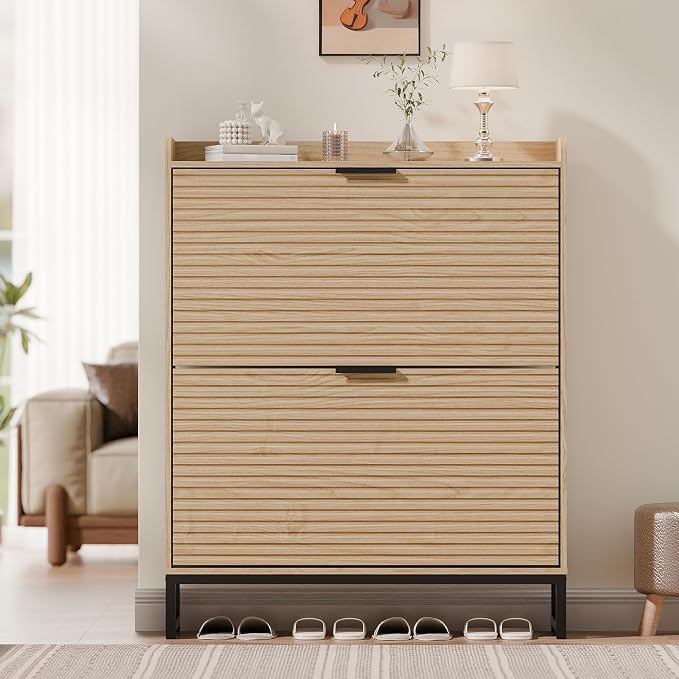 MU Shoe Storage Cabinet with 2 Flip Drawers, Freestanding Fluted Shoe Cabinet, Narrow Wood Shoe Cabinet, Hidden Shoe Organizer with Metal Legs for Entryway, Foyer, Hallway
