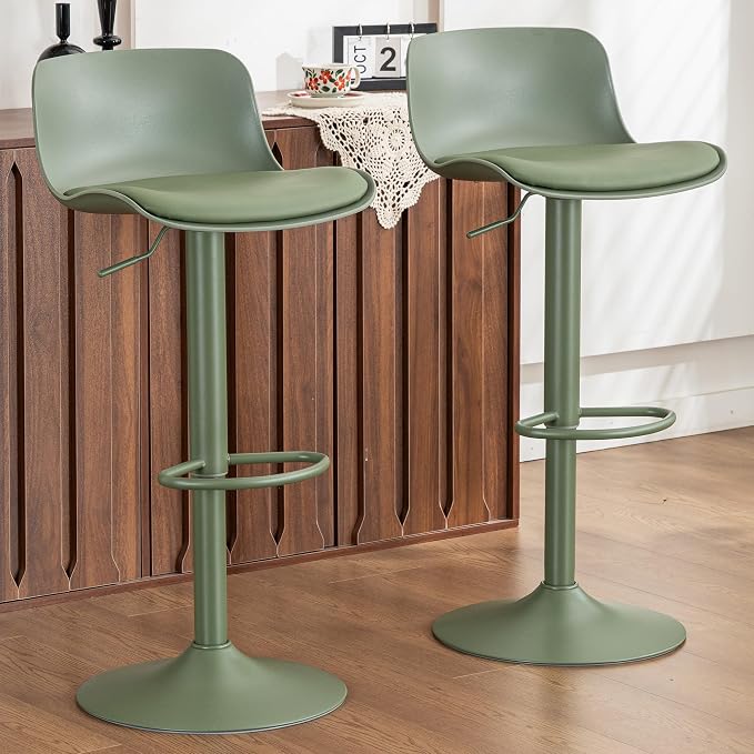 Kidol & Shellder Bar Stools Set of 6 Olive Green Adjustable Swivel Counter Height Stools, Modern PU Leather Upholstered with Back Solid Color Barstools for Kitchen Island