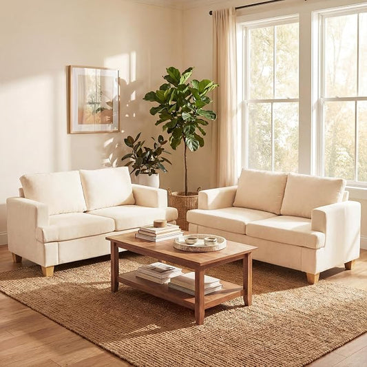YOUDENOVA 2 Piece Set Comfy Sofa Couch, Loveseat Sofa * 2 with Deep Seats, Modern Sleeper Couch for Living Room, Beige Chenille