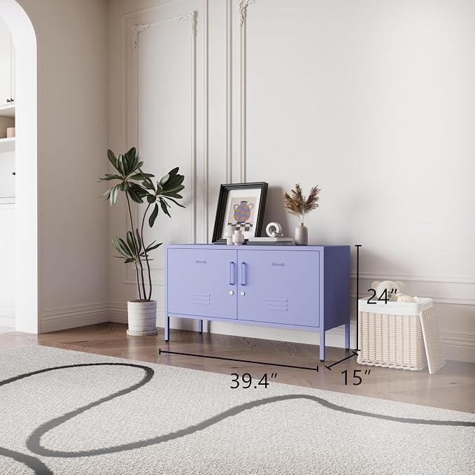 Purple Metal Accent Cabinet Locker with Lock, 2-Door Wide Storage Cabinet, Adjustable Shelves, Multifunctional TV Stand & Entertainment Center for Bedroom, Living Room