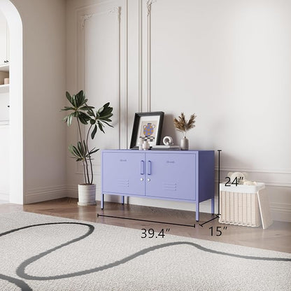 Purple Metal Accent Cabinet Locker with Lock, 2-Door Wide Storage Cabinet, Adjustable Shelves, Multifunctional TV Stand & Entertainment Center for Bedroom, Living Room