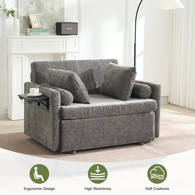 45" Oversize 3-in-1 Sleeper Chair Pull Out Bed, 75" Long Single Sleeper Sofa Bed with Wing Table and Side Pocket for Living Room, Bedroom, Small Space, Gray