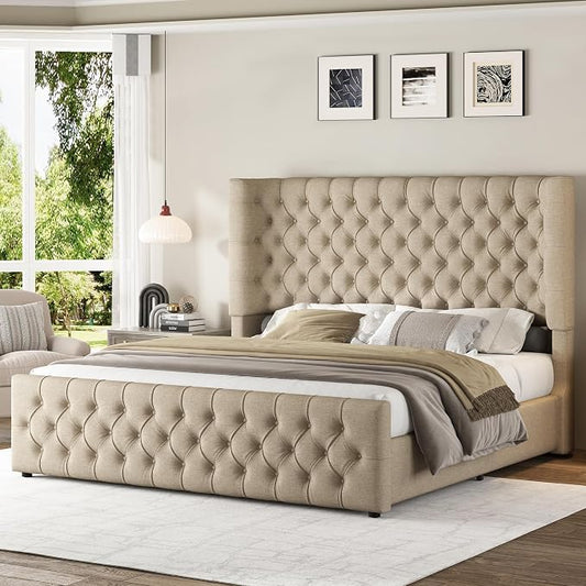 Jocisland King Size Upholstered Bed Frame with 6.3-Inch Curved Wingback Headboard, Tufted Footboard, Wood Slats, No Box Spring Needed, Khaki Linen