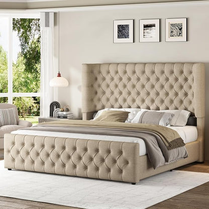 Jocisland Queen Size Upholstered Bed Frame with 6.3-Inch Curved Wingback Headboard, Tufted Footboard, Wood Slats, No Box Spring Needed, Khaki Linen