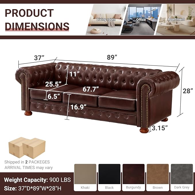 Chesterfield Leather Sofa, 89" Mid Century Modern Couch with Low Back, Roll Arm Nailhead Trim Classic 3 Seater Couch for Living Room, Office, Apartment, PU Burgundy