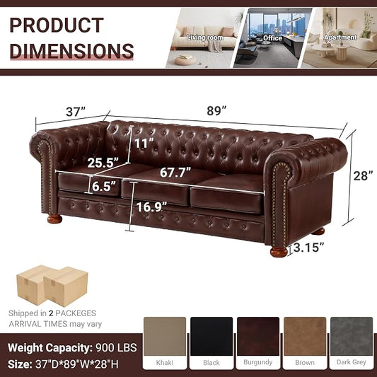 Chesterfield Leather Sofa, 89" Mid Century Modern Couch with Low Back, Roll Arm Nailhead Trim Classic 3 Seater Couch for Living Room, Office, Apartment, PU Burgundy