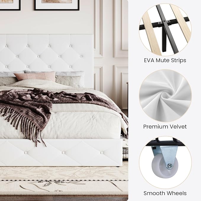 SHA CERLIN Queen Platform Bed Frame with 4 Oversized Storage Drawers, Adjustable Headboard with Velvet Upholstery, Square Button Tufted Design, Wooden Slat Support, No Box Spring Needed, White