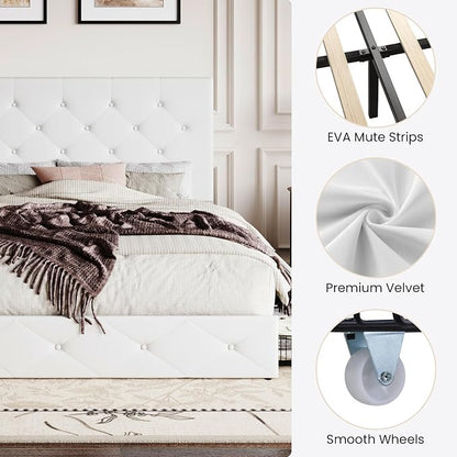 SHA CERLIN Full Size Platform Bed Frame with 4 Oversized Storage Drawers, Adjustable Headboard with Velvet Upholstery, Square Button Tufted Design, Wooden Slat Support, No Box Spring Needed, White
